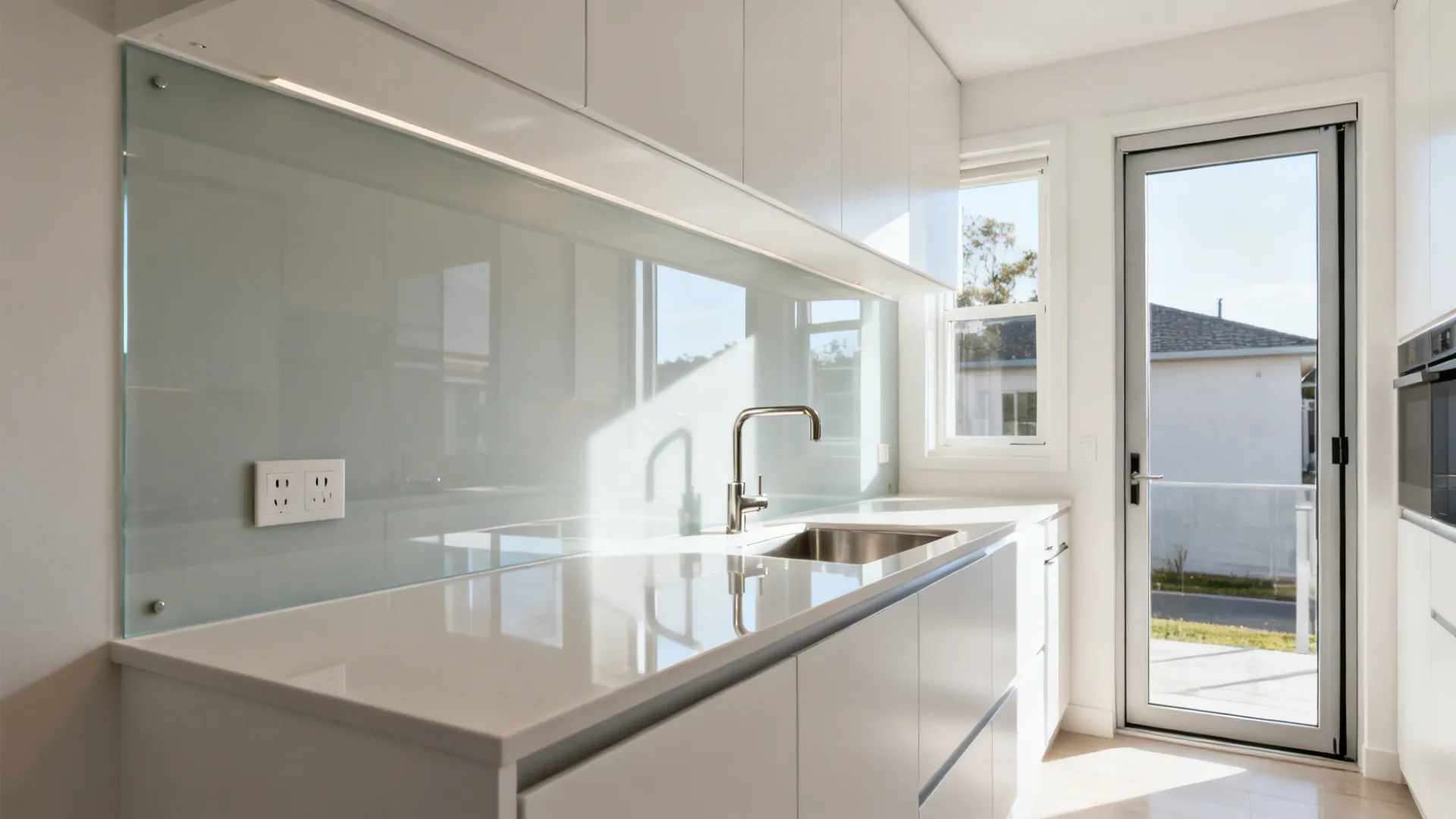 Seamless tempered glass backsplash brightens a compact kitchen near an exterior wall.