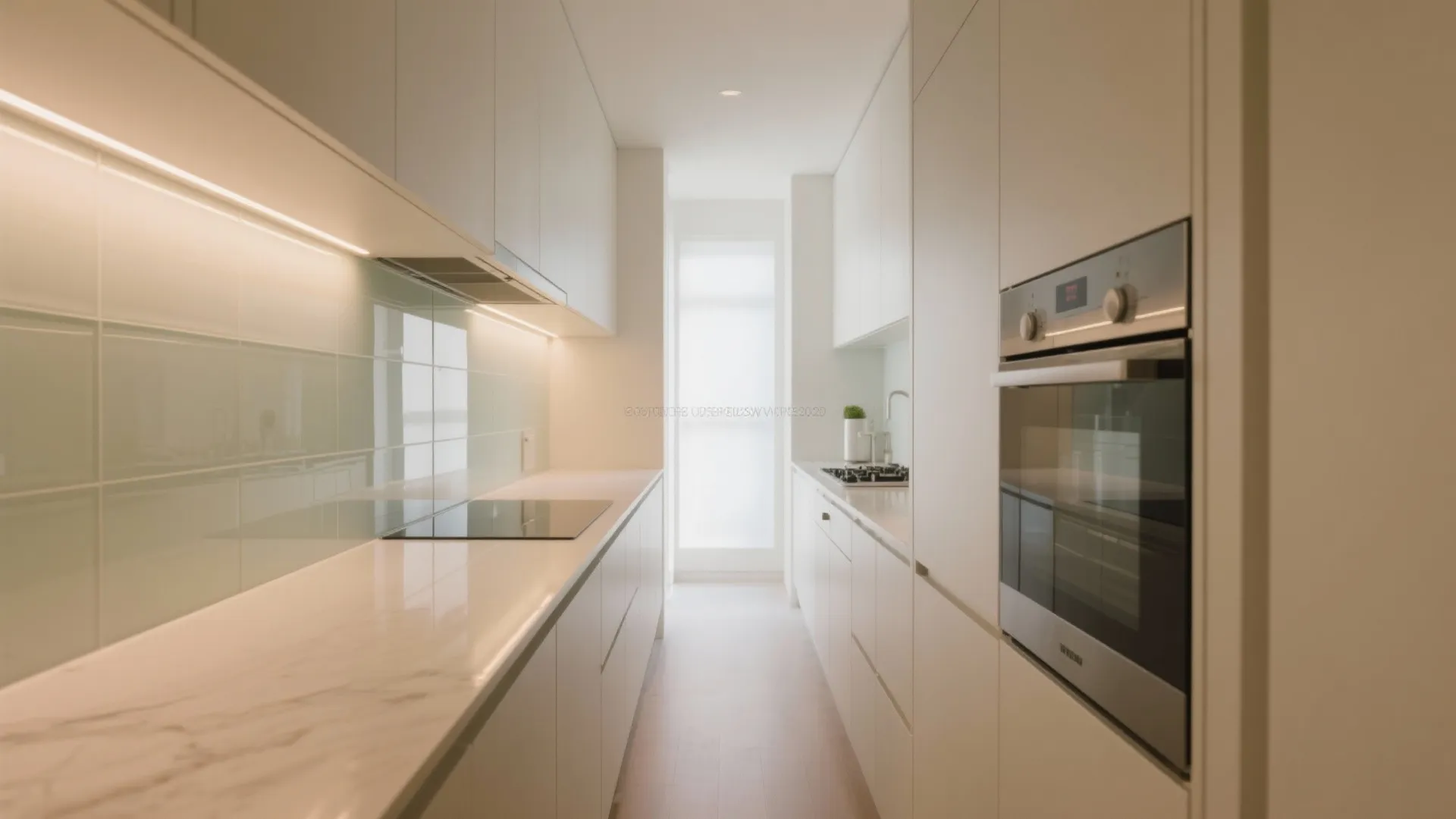 Narrow white galley kitchen with marble counters built in oven and light green glass wall