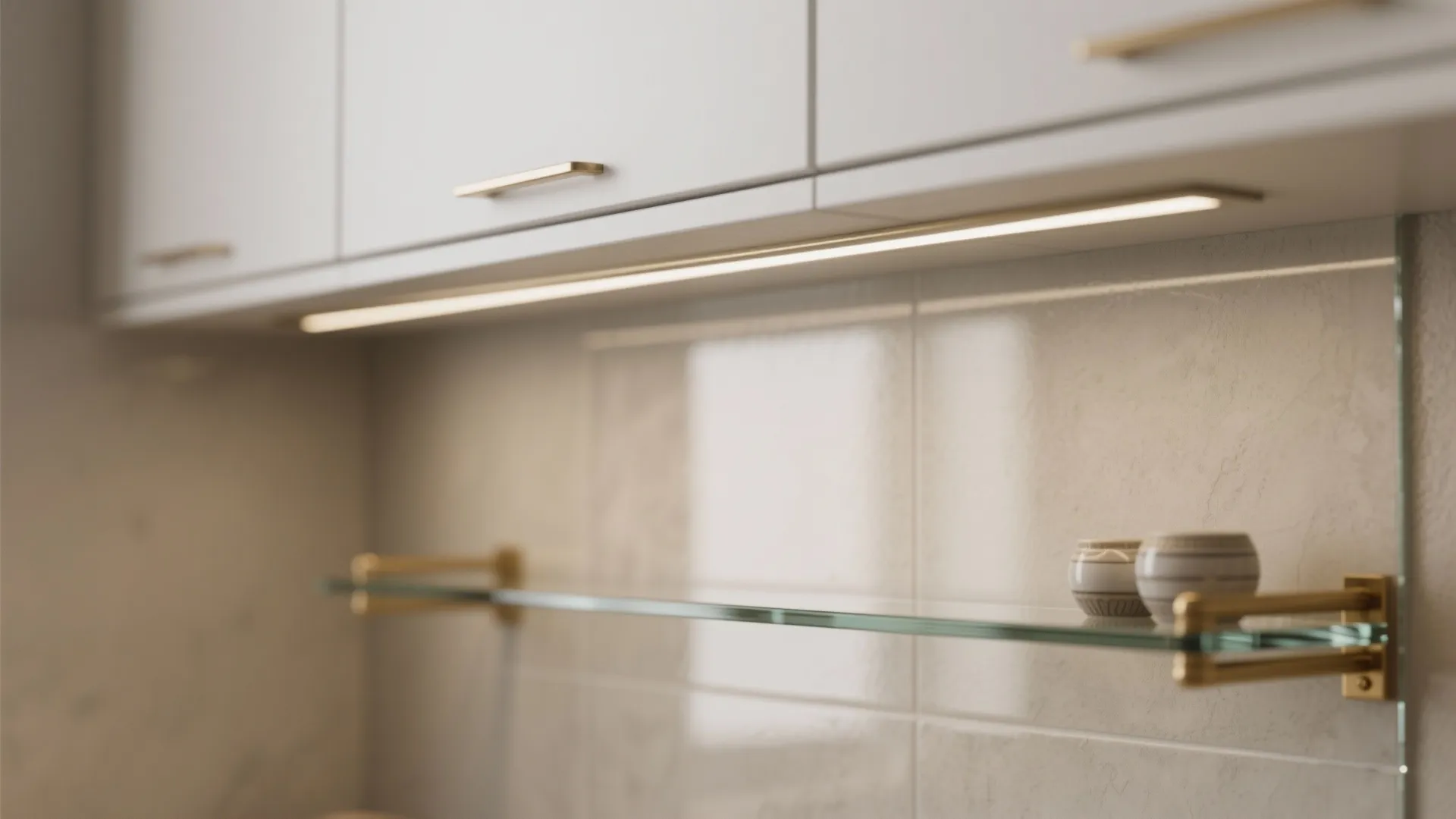 Close up of glass shelf with light fixture underneath white kitchen cabinets and gold handles