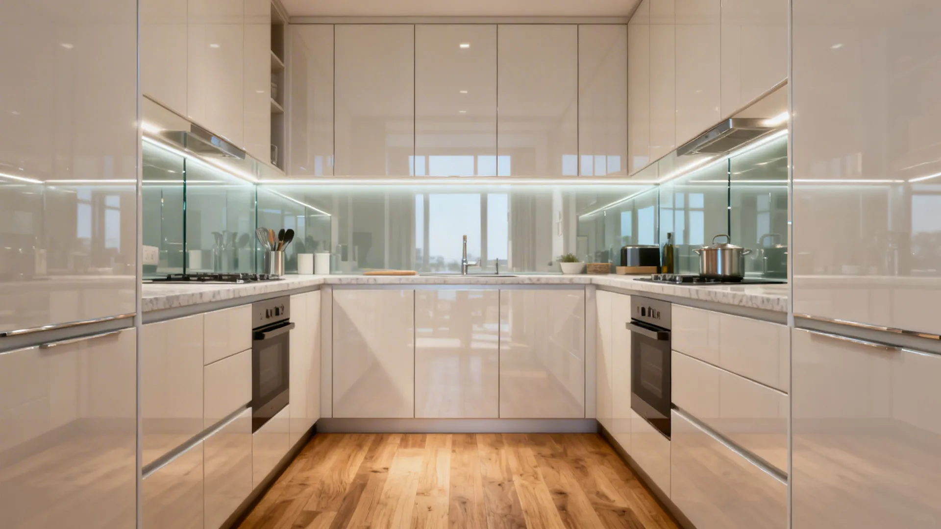 Gloss almirah doors and a low-iron glass backsplash brighten a compact galley kitchen.