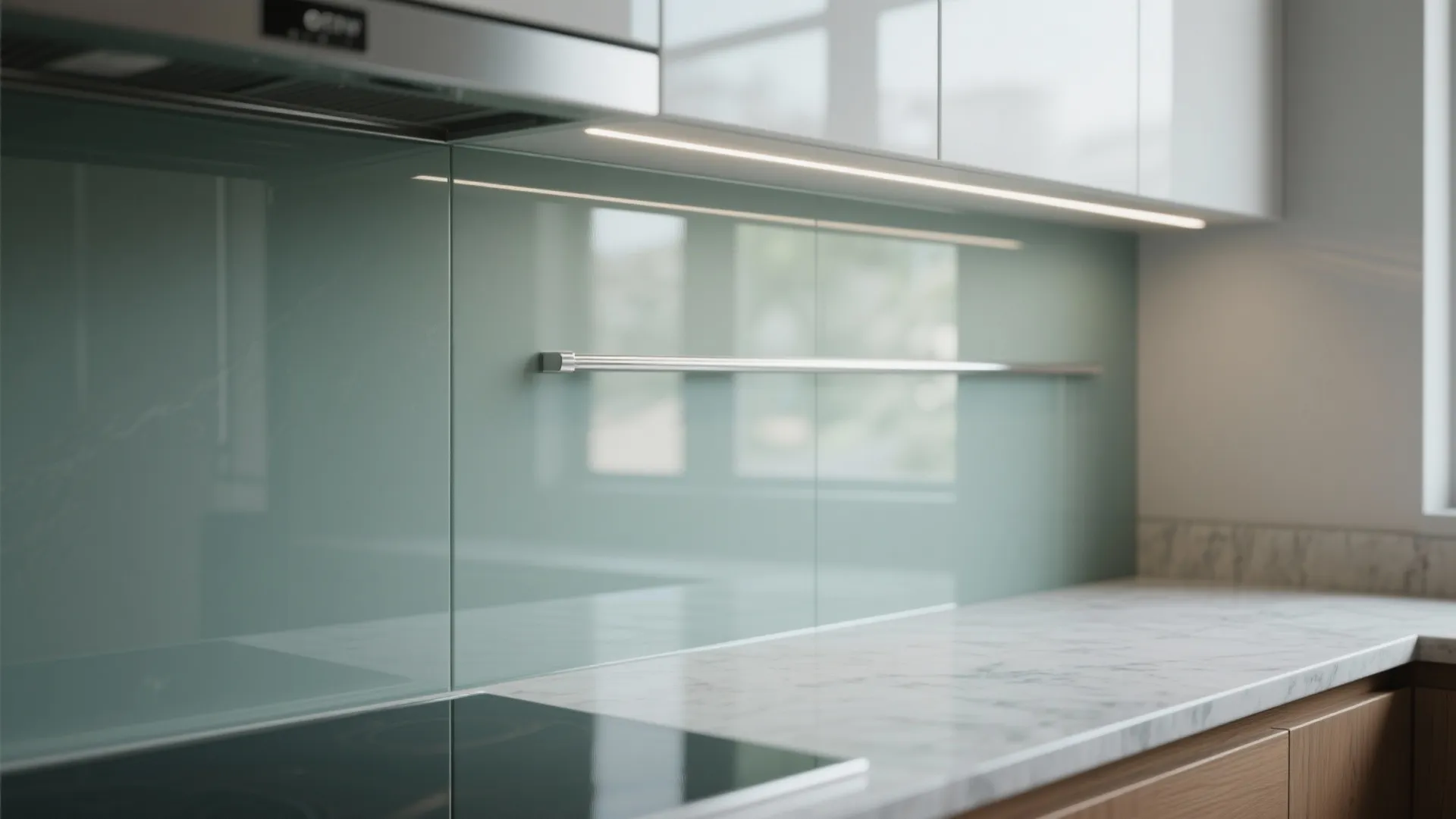 Glass backsplash and reflective finishes for an airier feel