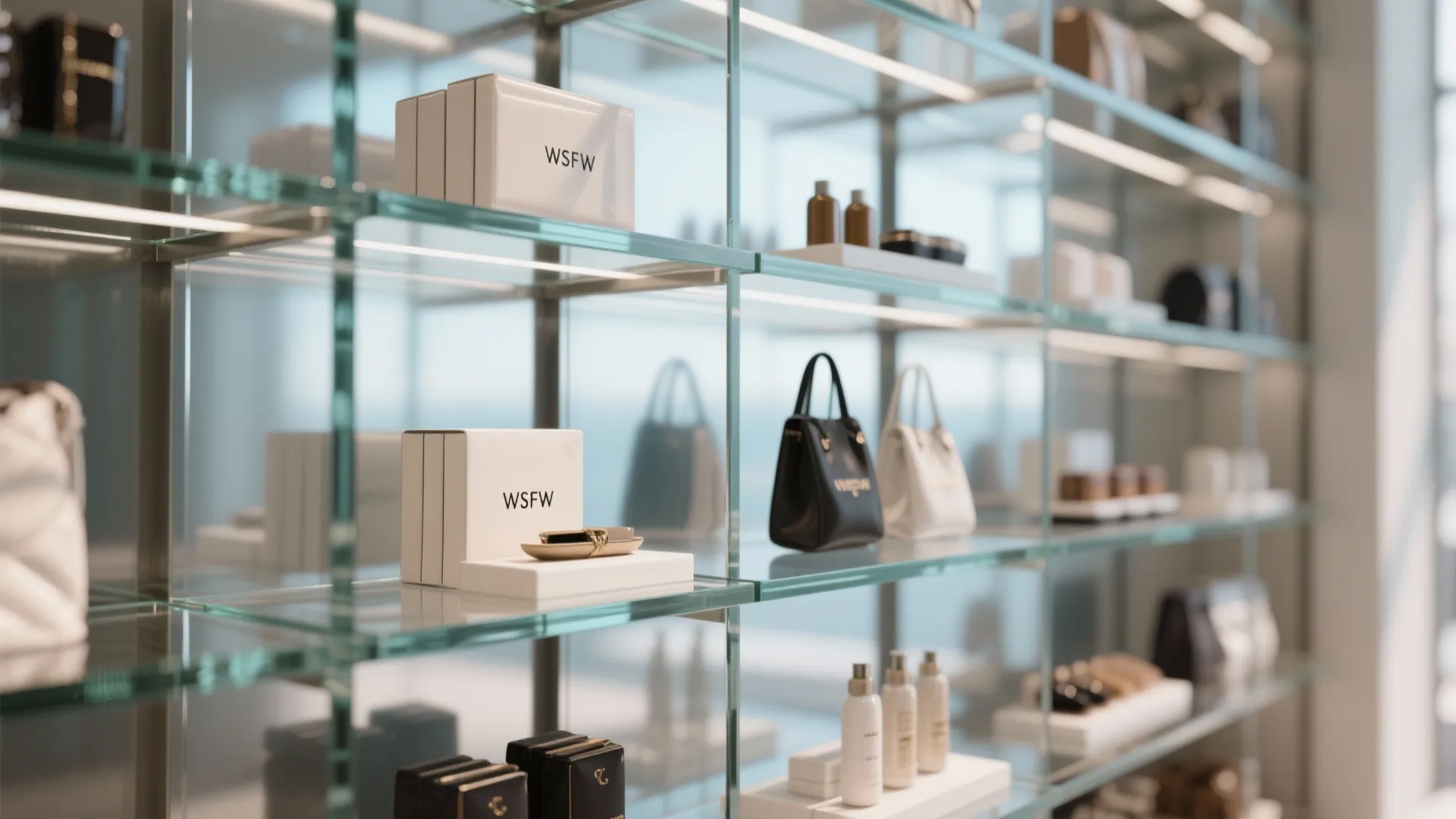 Modern retail store glass shelves displaying white product boxes, black handbags, and various beauty bottles