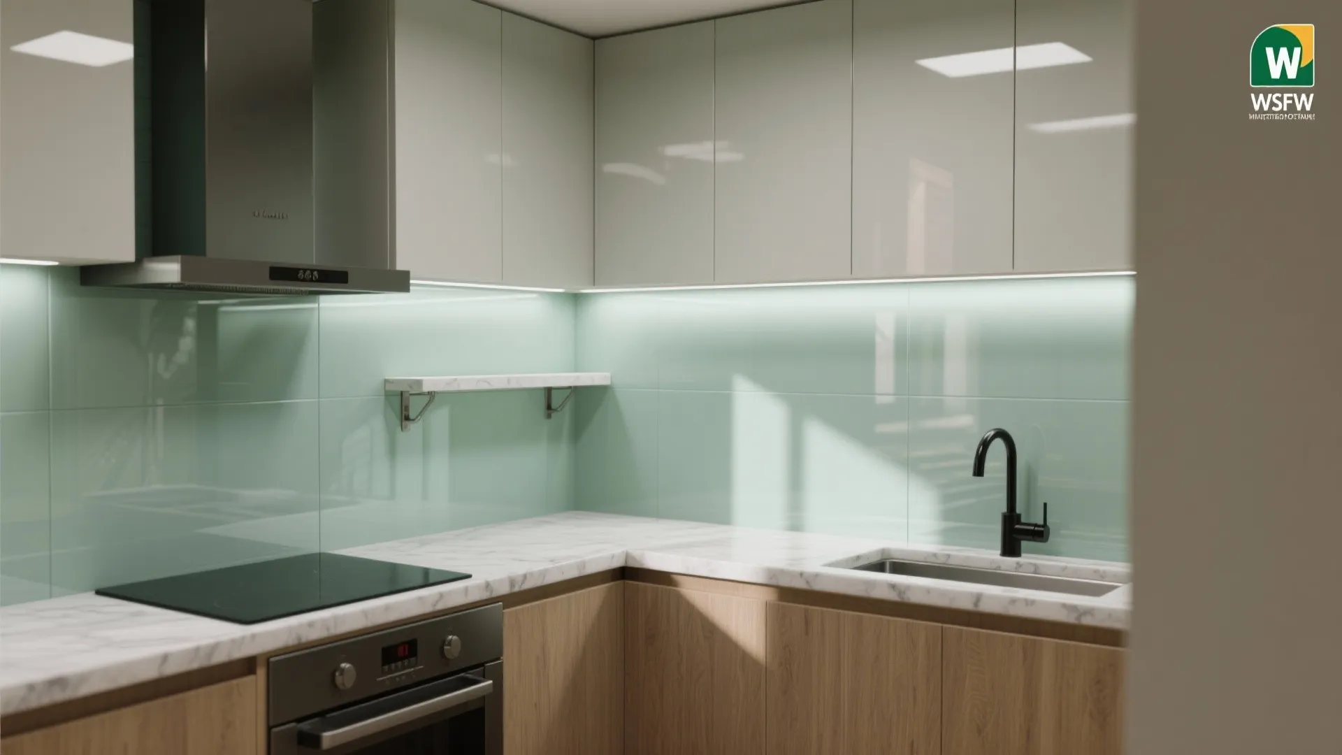 Modern kitchen with mint green glass backsplash white cabinets marble countertop and wooden base cabinets