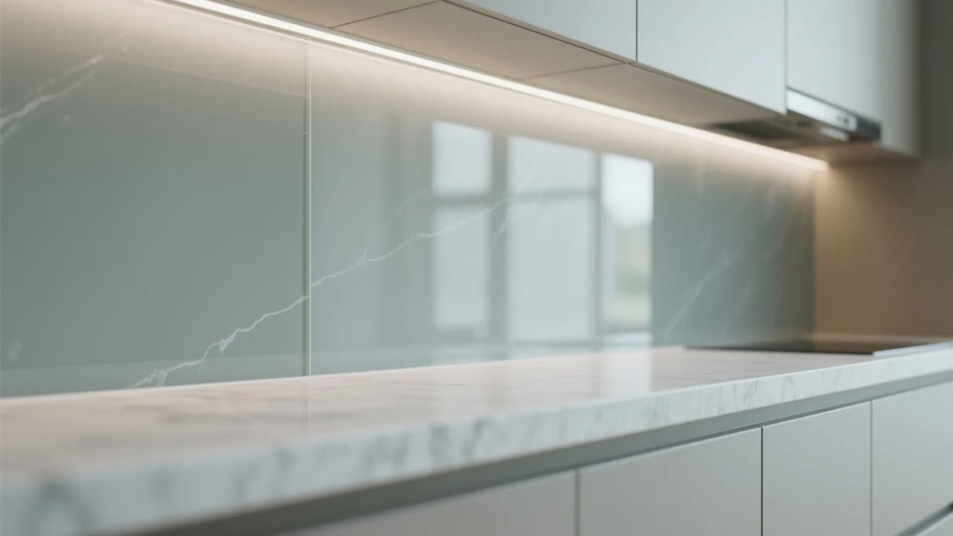 Reflective glass backsplash to “open” the kitchen