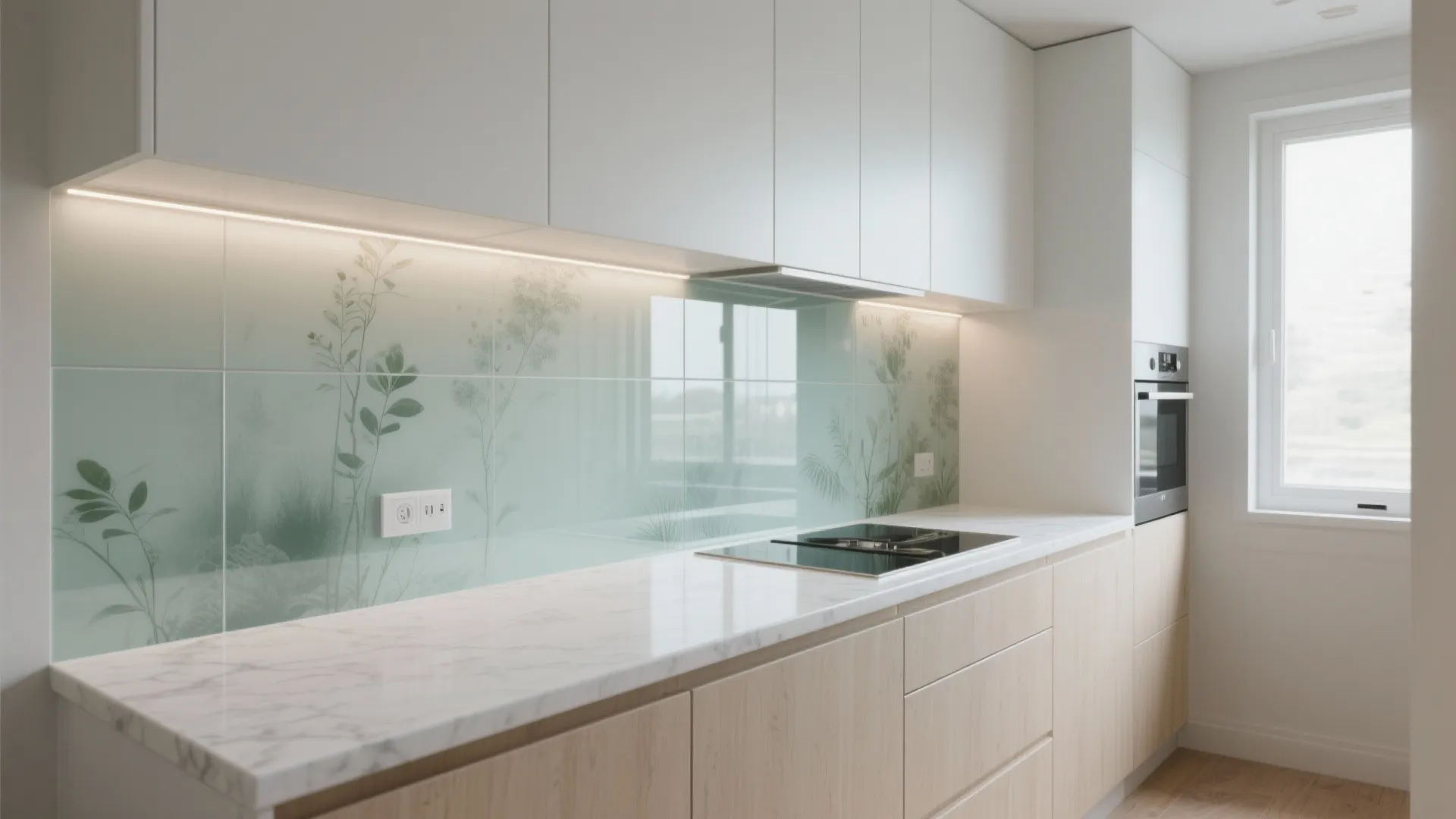 Floral Glass Backsplash and Lacquered Panels