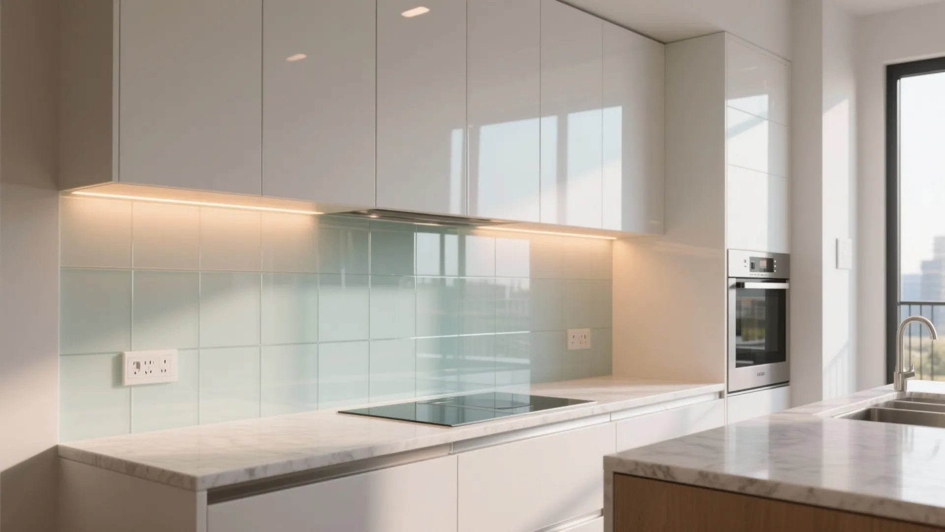 Glass backsplash for a luminous front wall