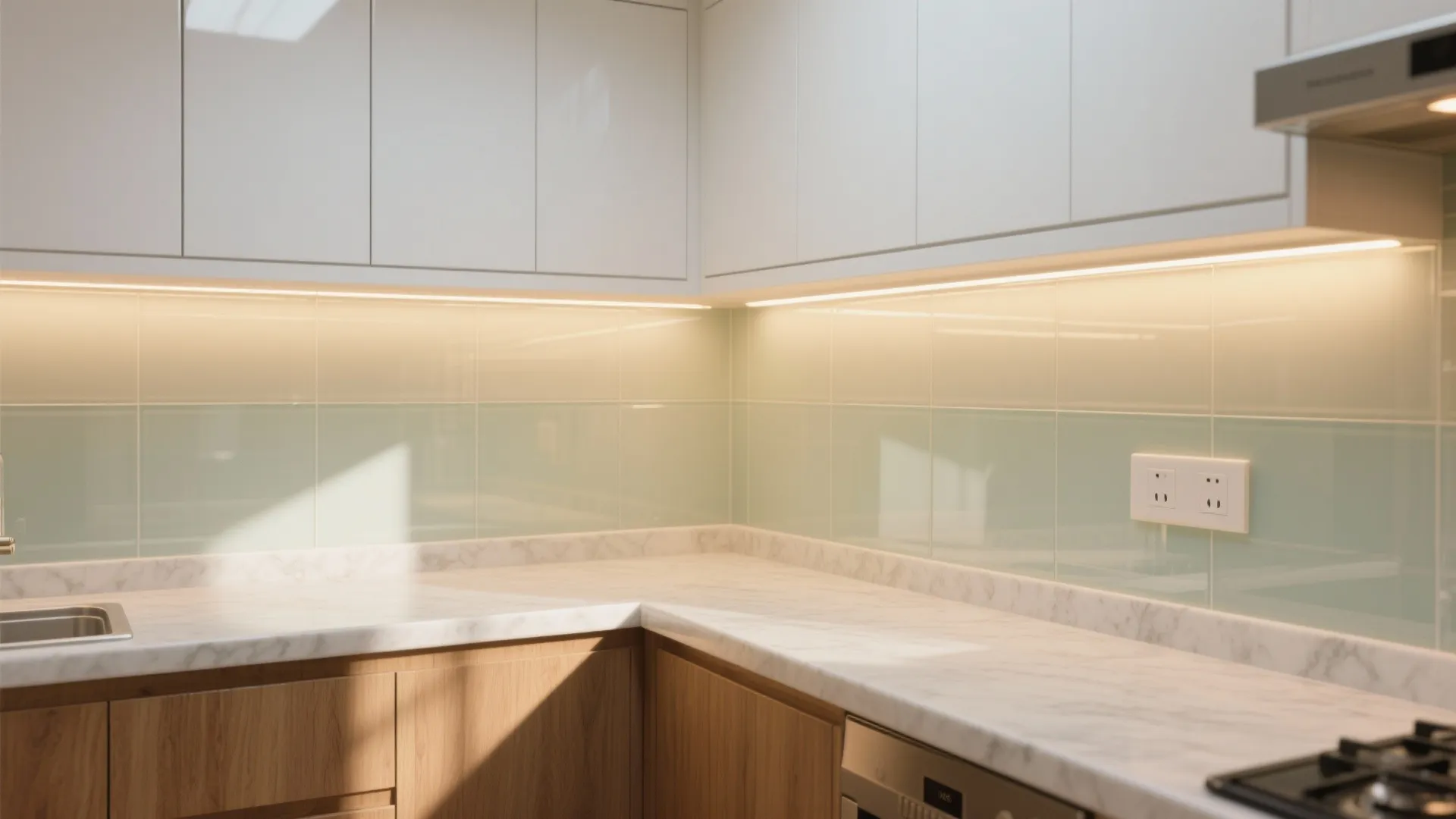 Glass backsplash and reflective finishes