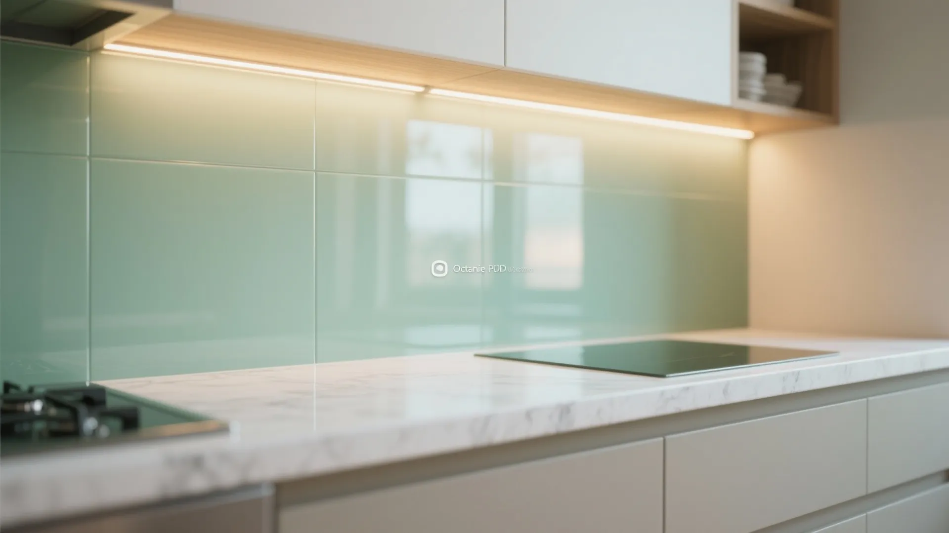 Glass backsplash and reflective accents for airy vibes