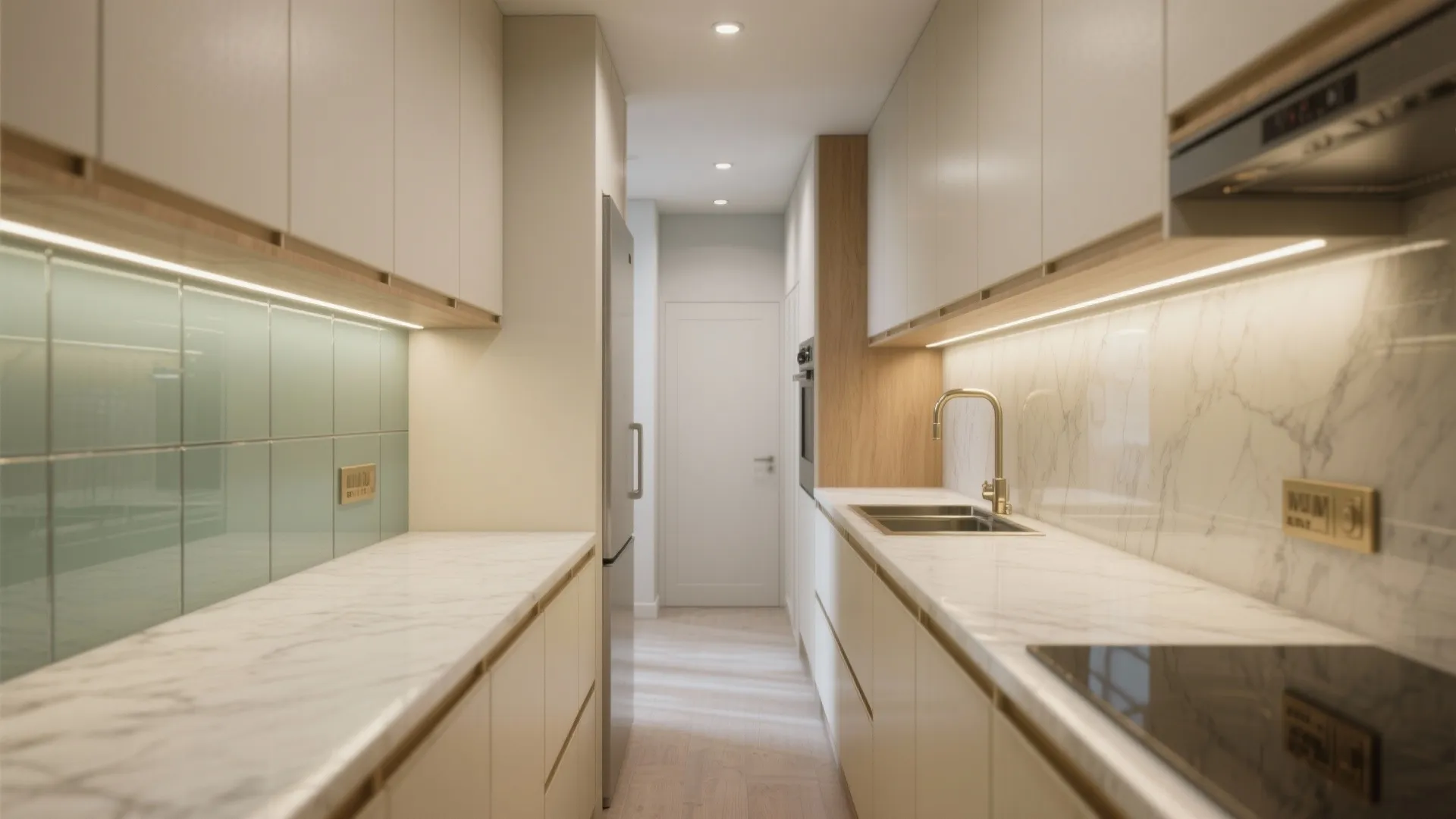 Clean white kitchen with marble countertops green wall tiles silver sink and bright warm ceiling lights