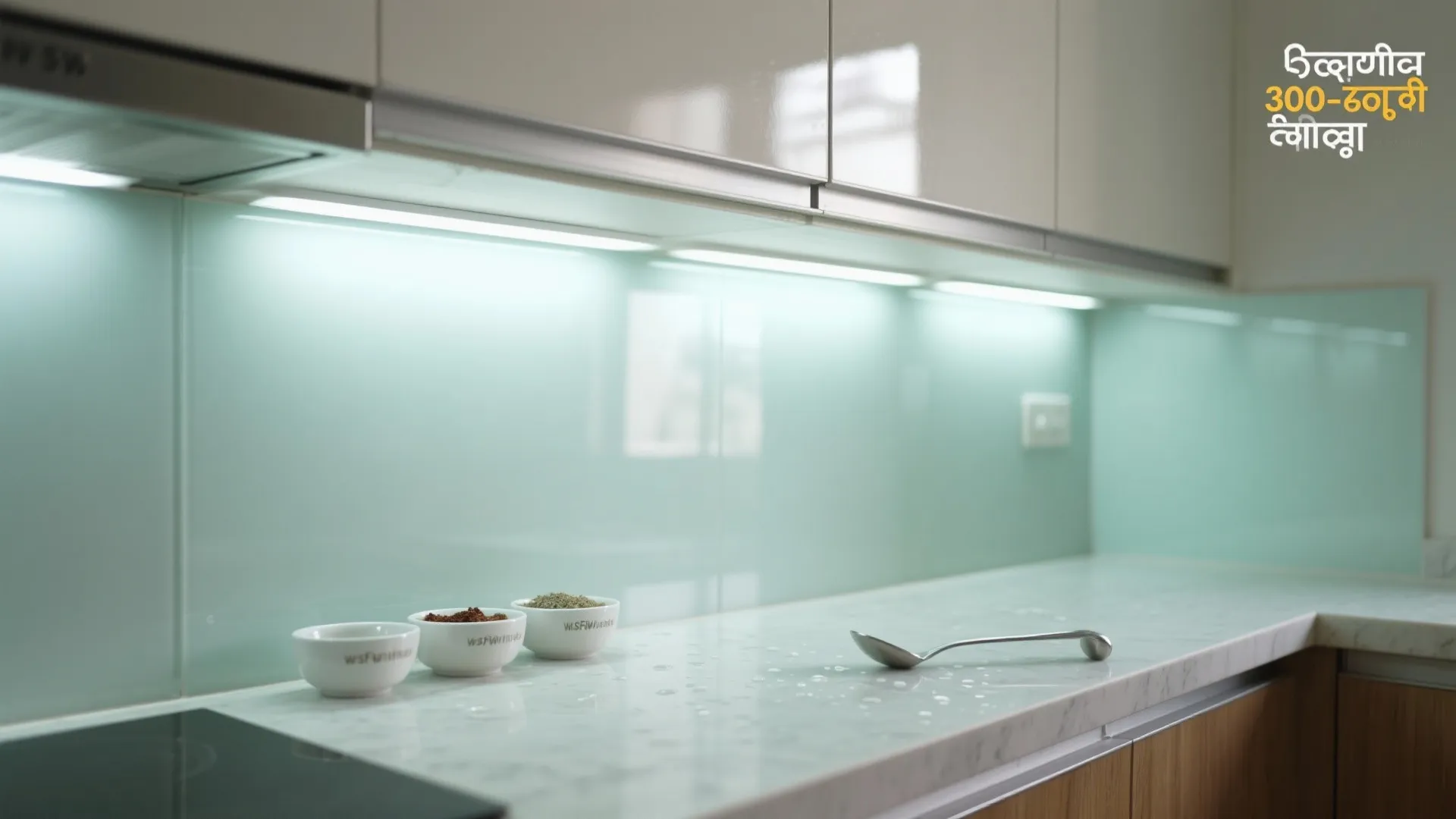 Glass backsplash and reflective finishes to brighten the kitchen