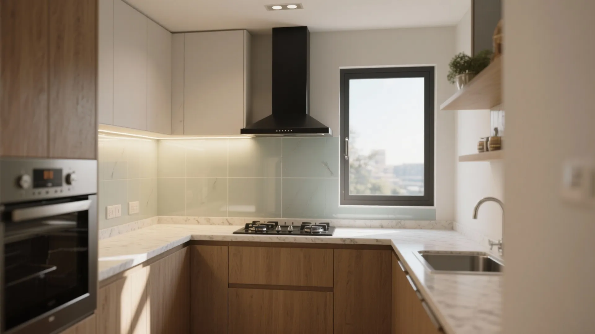 A brighter kitchen with a glass backsplash