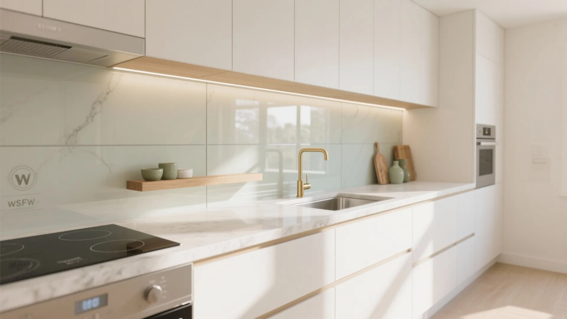 Glass backsplash that opens up the kitchen