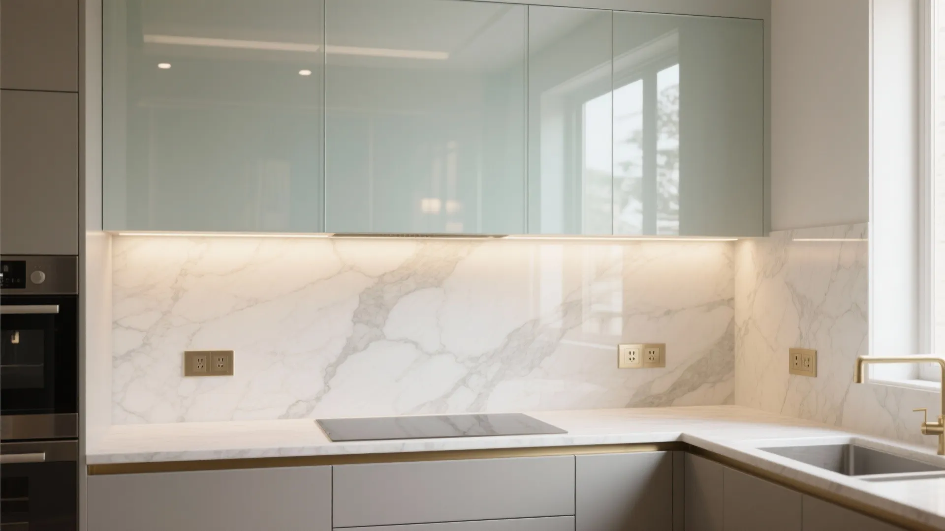 Modern kitchen with marble counter top and wall panel featuring glass cabinets and built-in oven