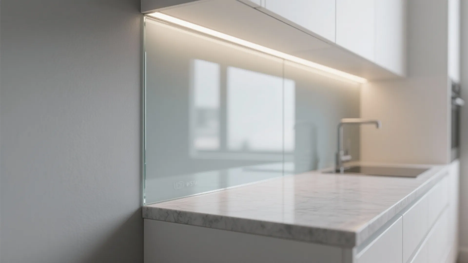 Modern white kitchen with marble countertop glass wall panel integrated light fixture and silver water tap
