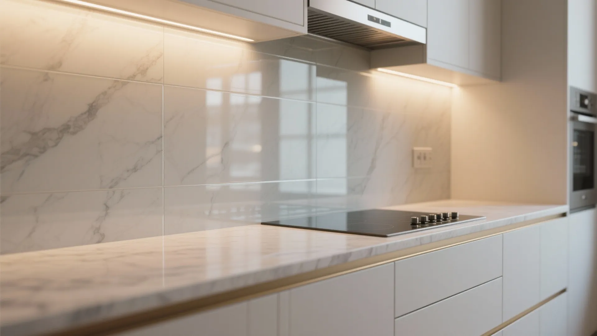 Glass backsplash and reflective accents for light