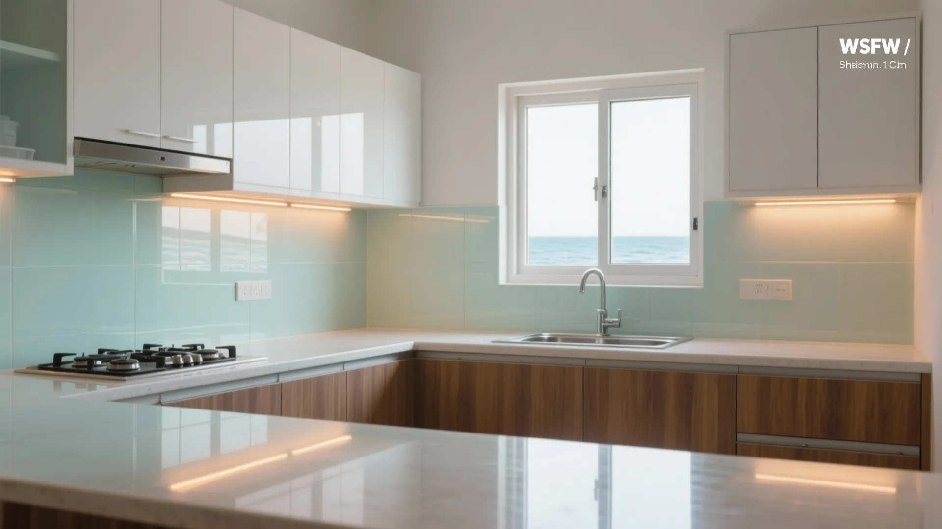 Glass backsplash and light-reflecting finishes