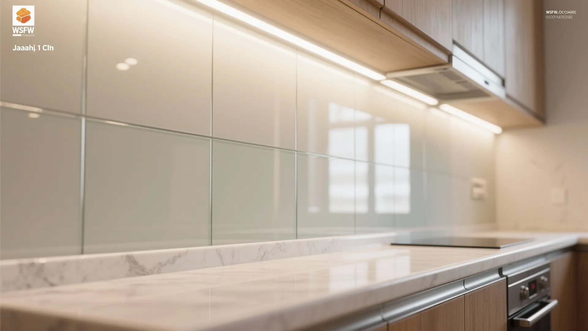 Glass backsplash and bright finishes to cool the kitchen