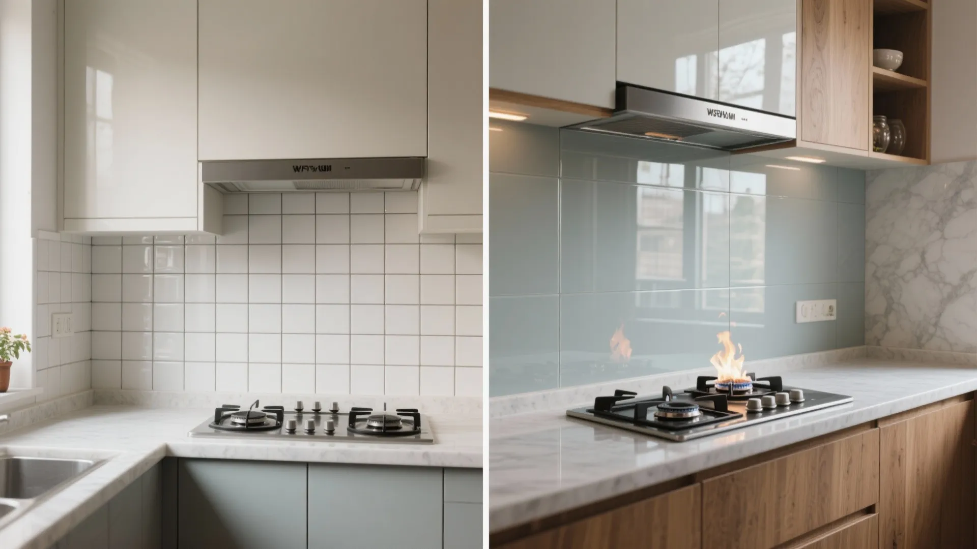 Glass backsplash for light and easy maintenance