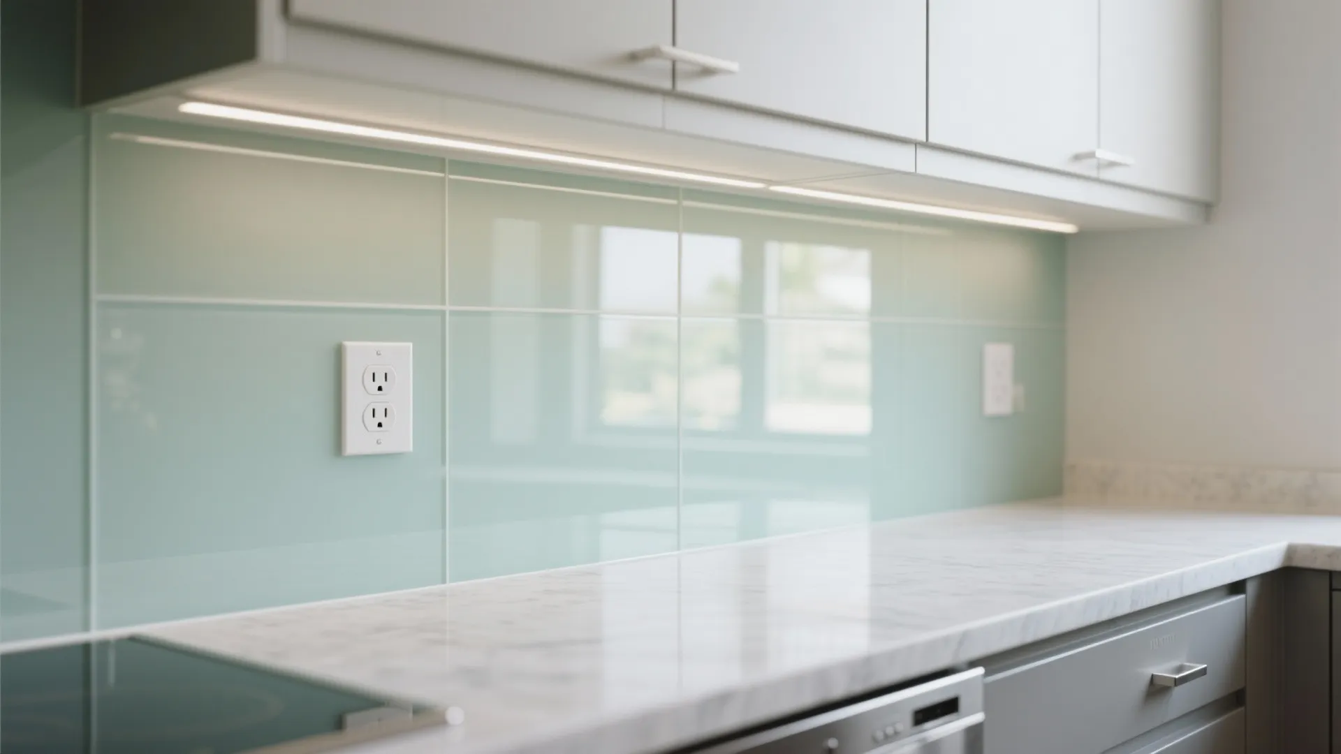 Close up of light green wall tiles and white marble countertop with electrical power outlets