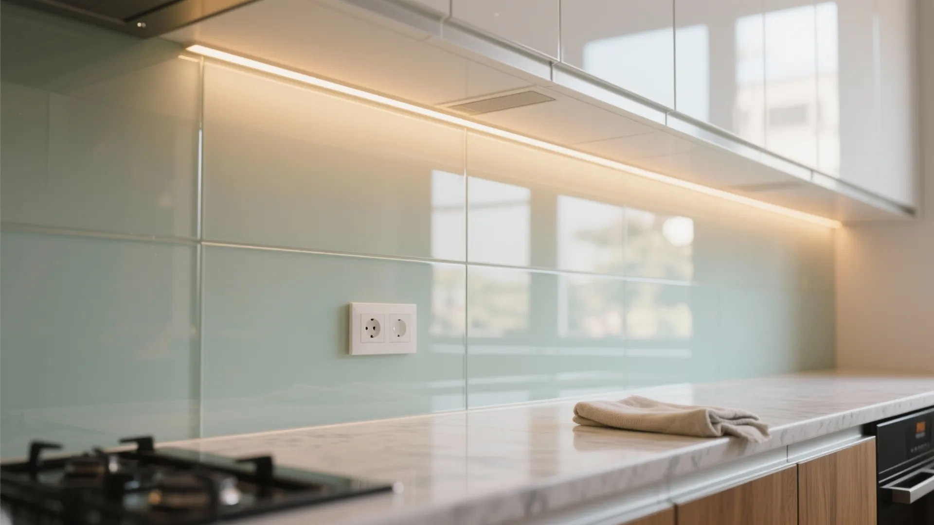 Glass backsplash and reflective finishes to boost daylight
