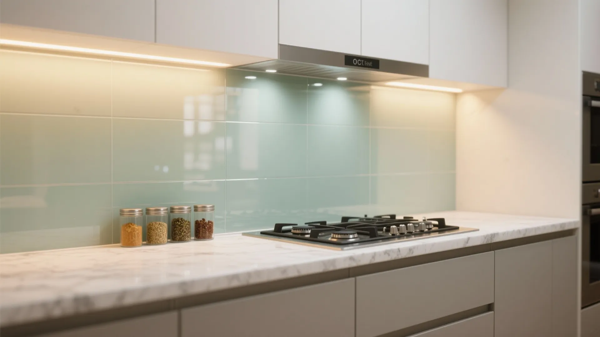 Glass backsplash and easy-clean surfaces in the kitchen