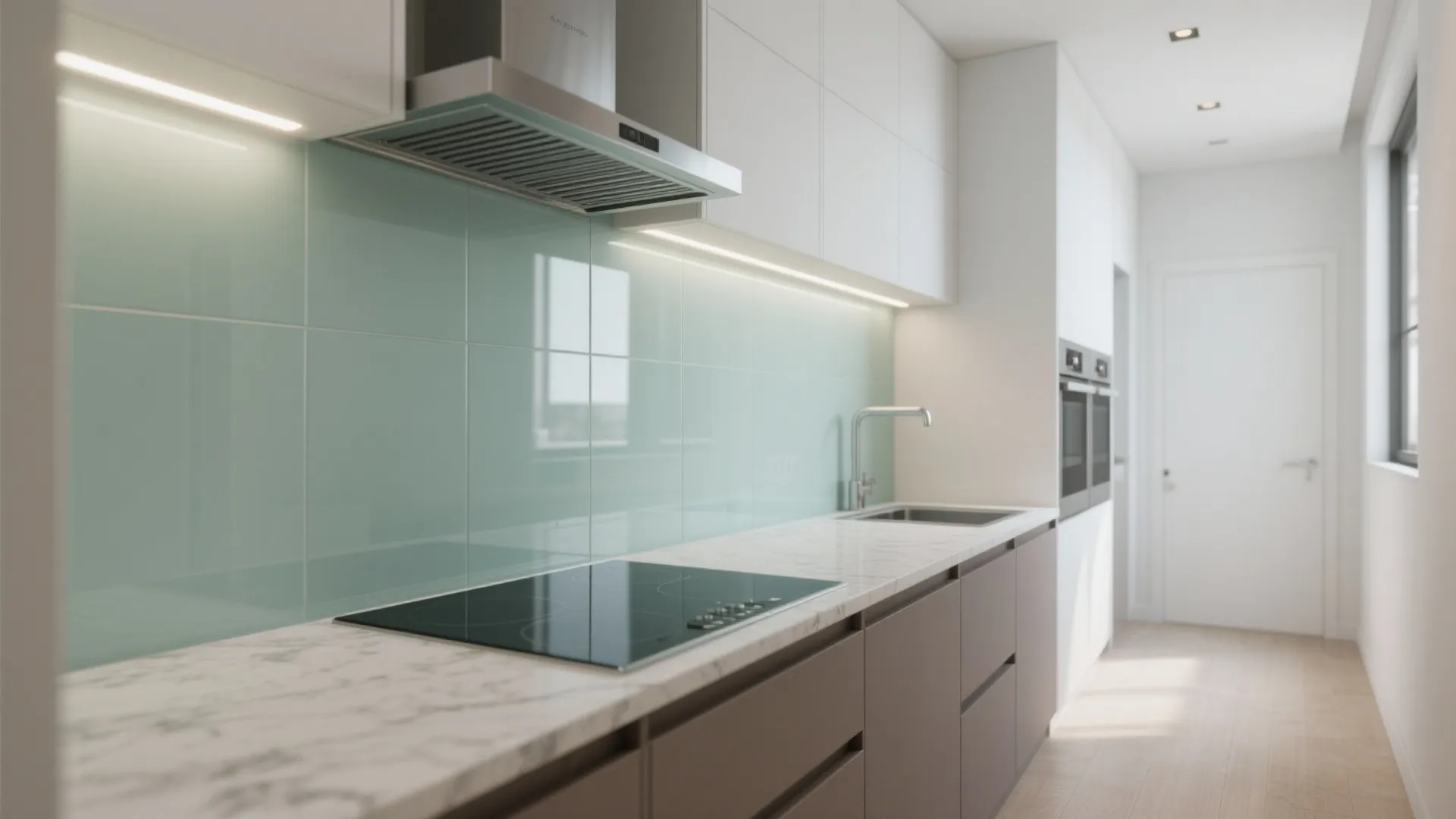 Glass backsplash and reflective finishes in the kitchen
