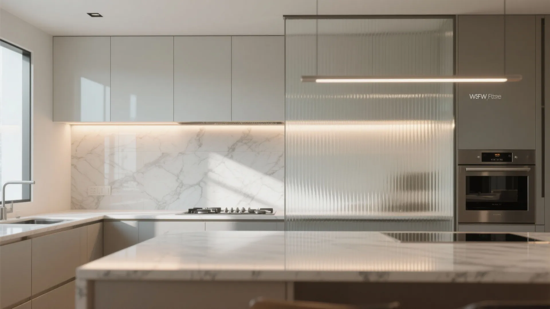 Glass backsplash and light-catching partitions