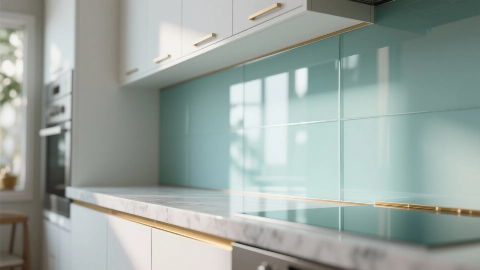Glass backsplash for light and depth