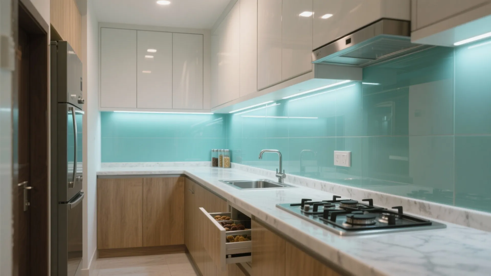 Glass backsplash and reflective finishes to amplify light