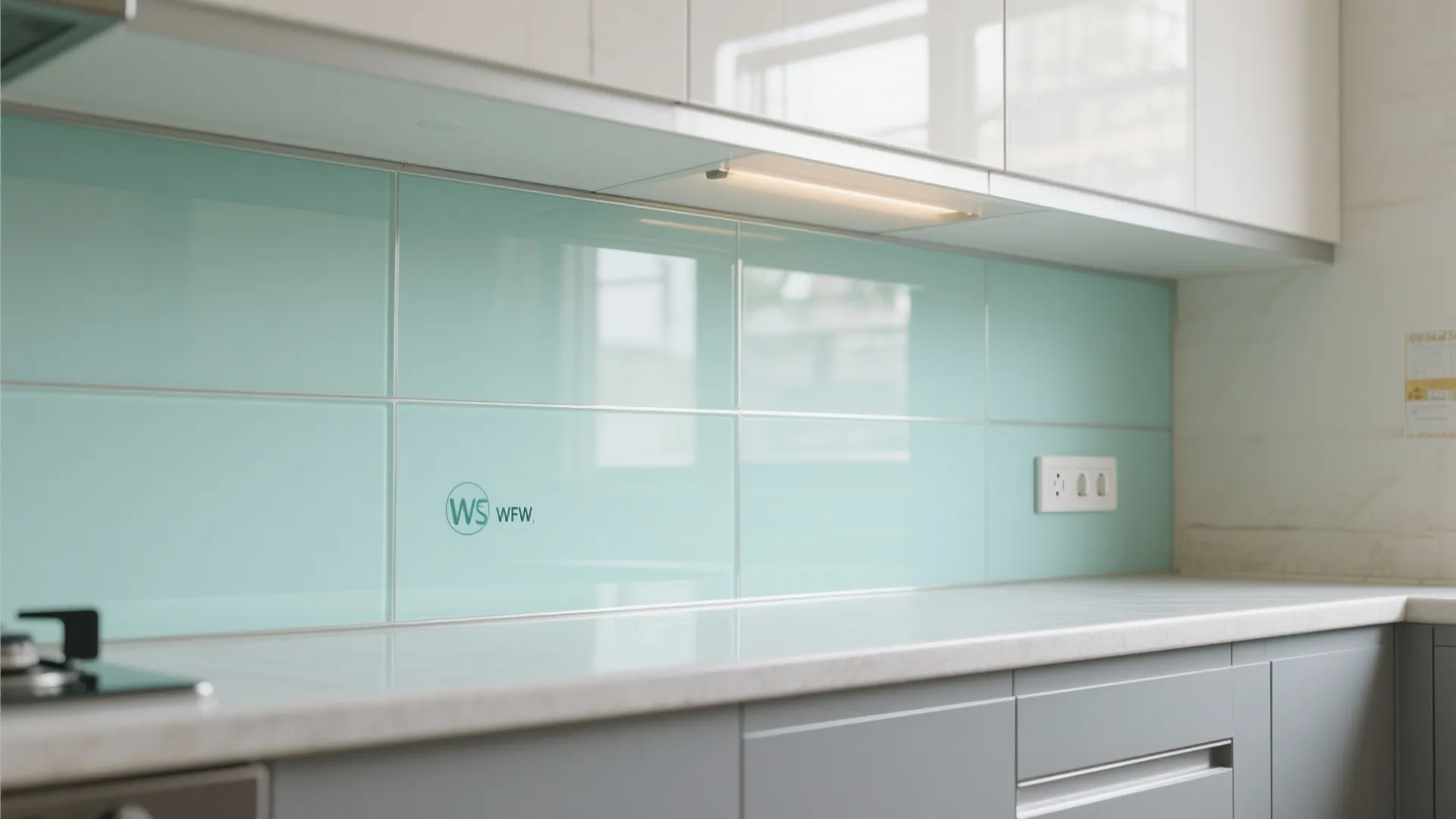 Glass backsplash for an airy, easy-to-clean cook zone