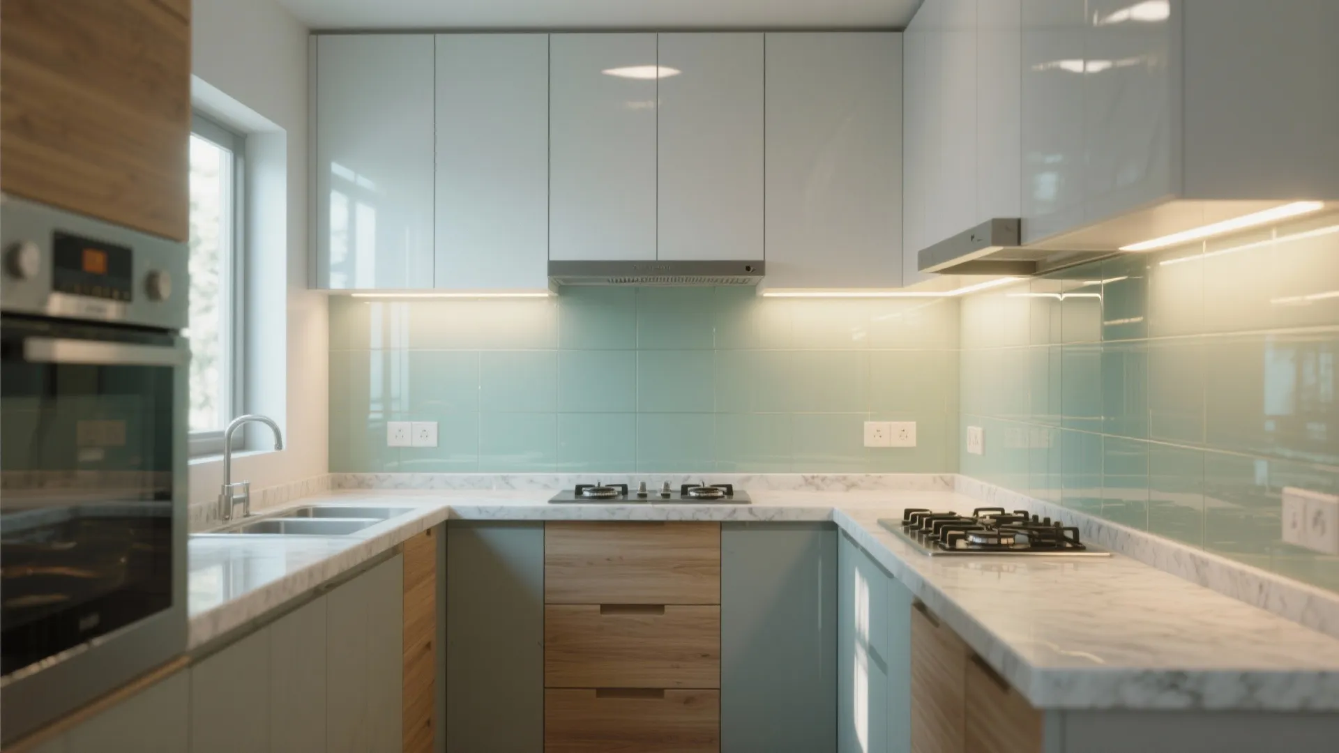 Glass Backsplash and Reflective Surfaces to Amplify Light