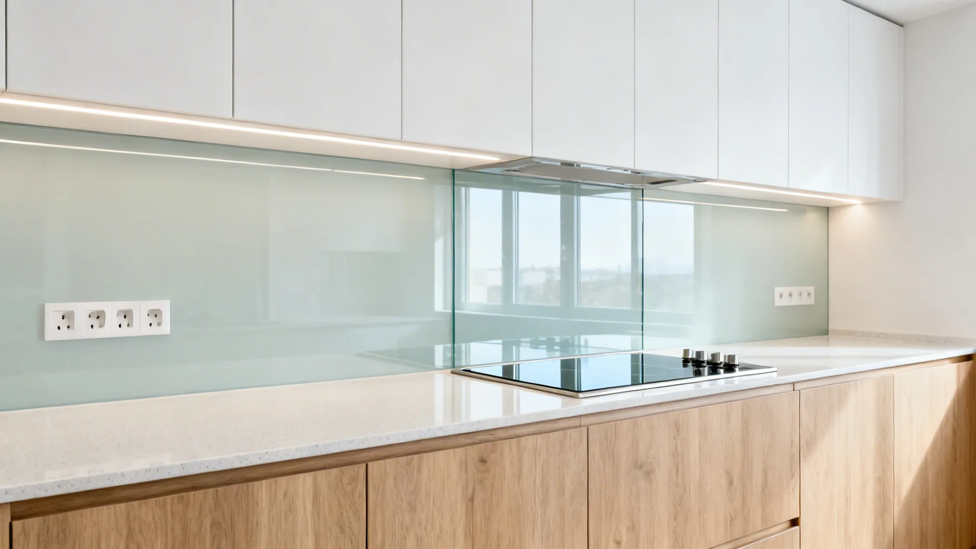 Low-iron glass backsplash reflecting light in a compact 10x7 kitchen with matte cabinets.