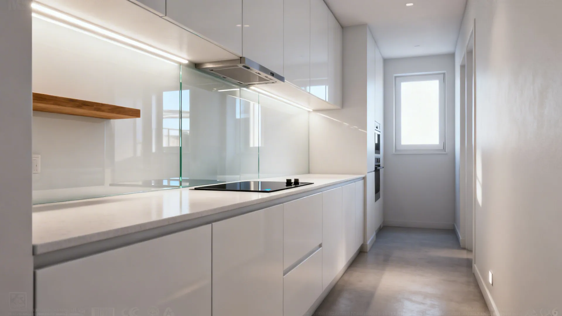 Low-iron back-painted glass backsplash reflecting light in a narrow 11 x 6 kitchen.