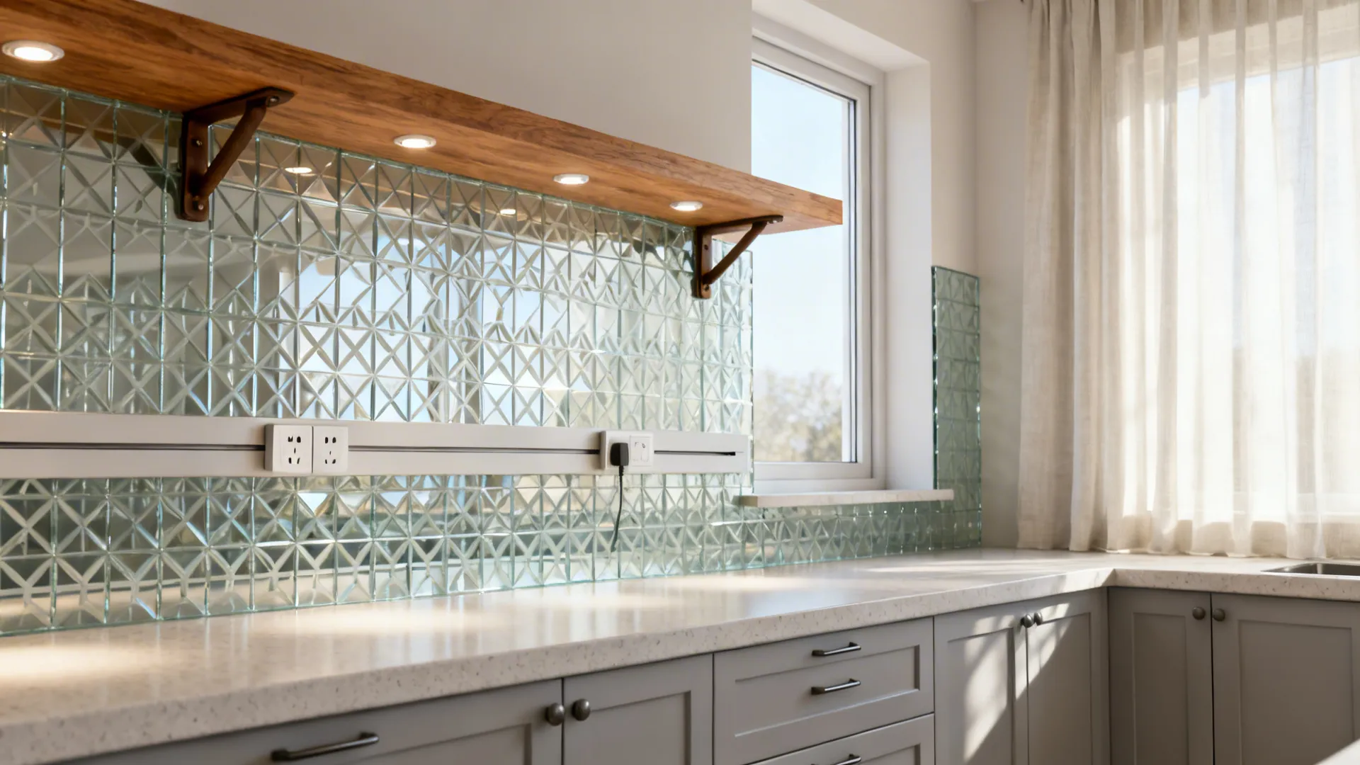 Low-iron glass backsplash reflecting daylight in a compact 11x8 kitchen.