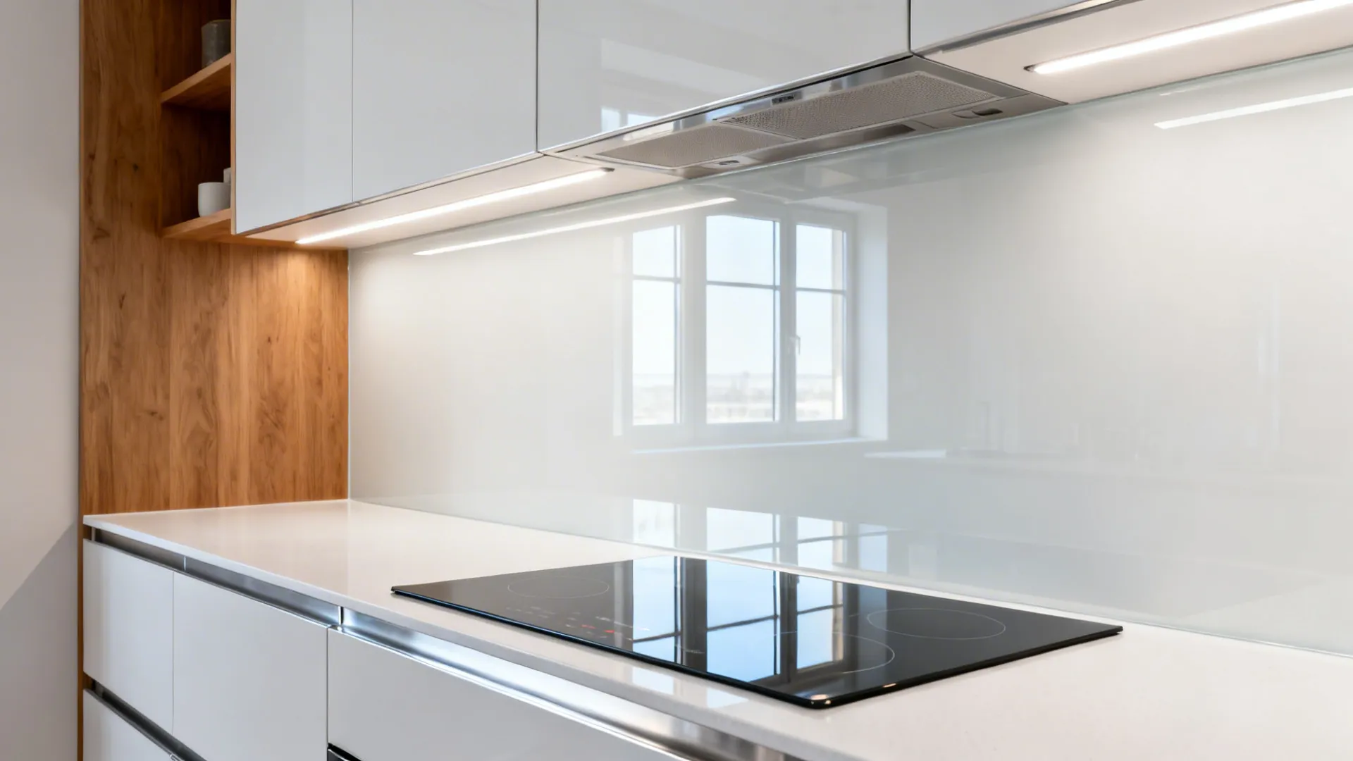 Low-iron back-painted glass backsplash reflecting light in a compact kitchen.