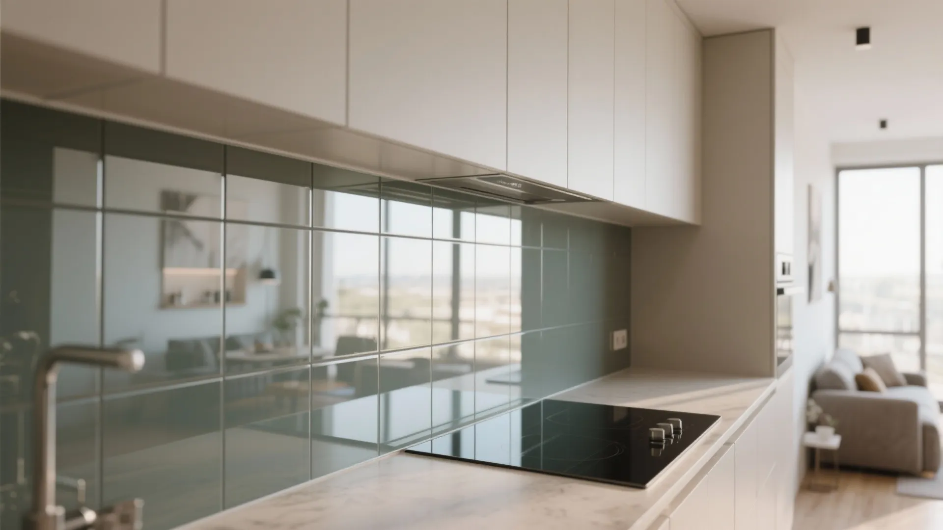 Close up of reflective glass wall tiles in modern kitchen with white cabinets and stovetop