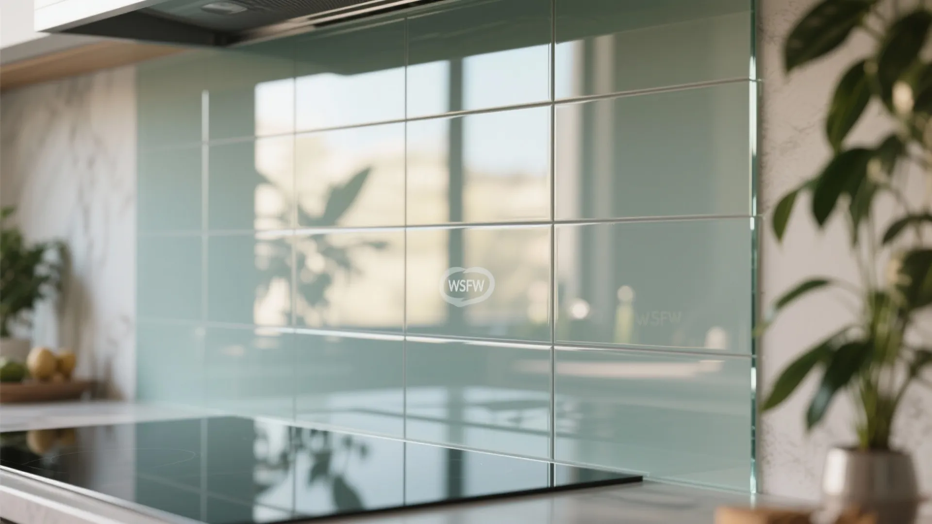 Close up view of light green glass wall tiles in a modern and clean kitchen