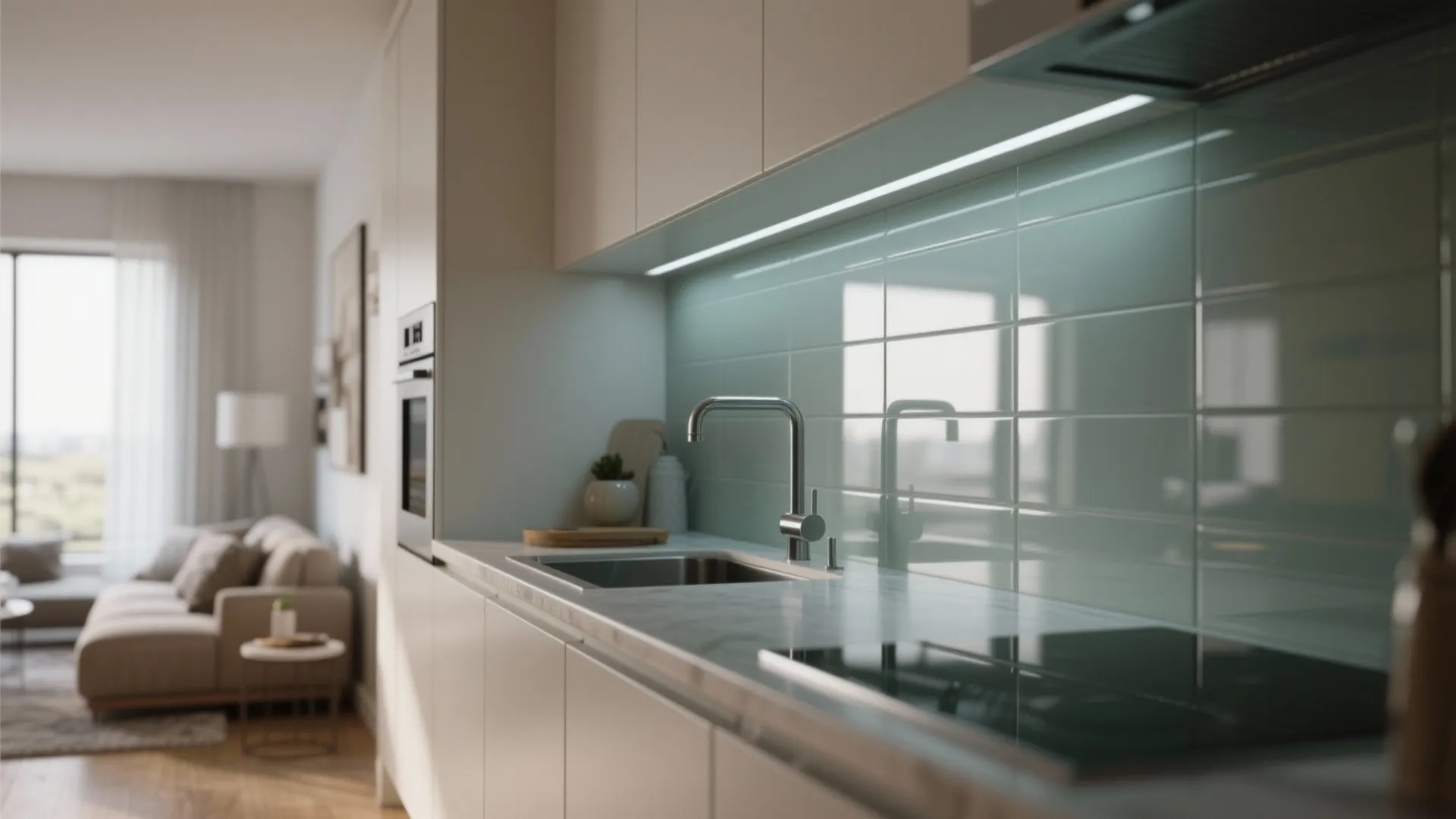 Modern kitchen with light green glass wall tiles, silver faucet, marble counter, and living room