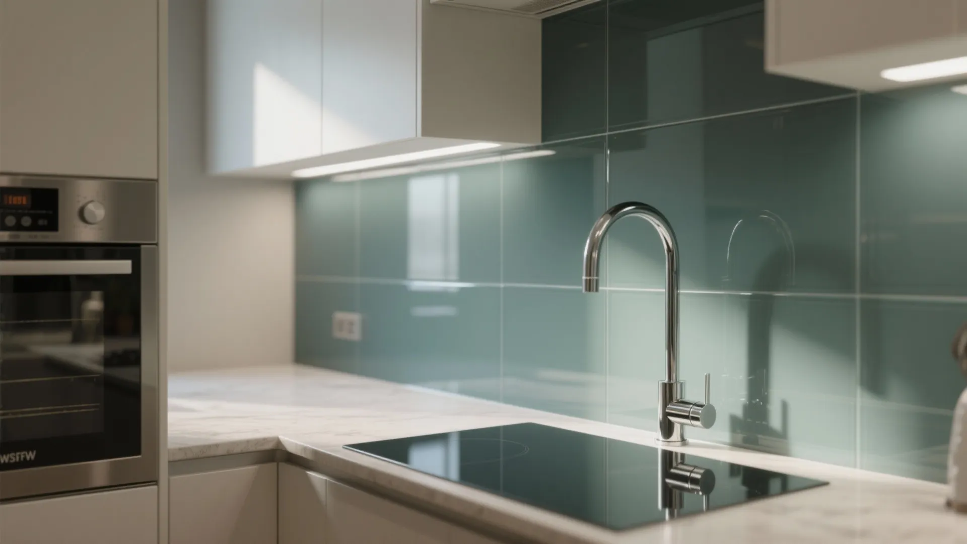 Modern kitchen counter with chrome faucet, black glass stove, and teal green tile wall backsplash