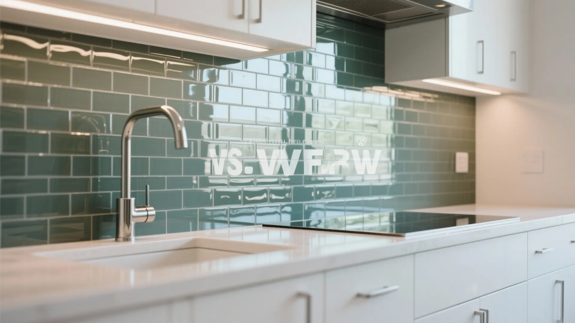 Modern kitchen with green tiled wall, white cabinets, stainless steel water tap, and electric stove
