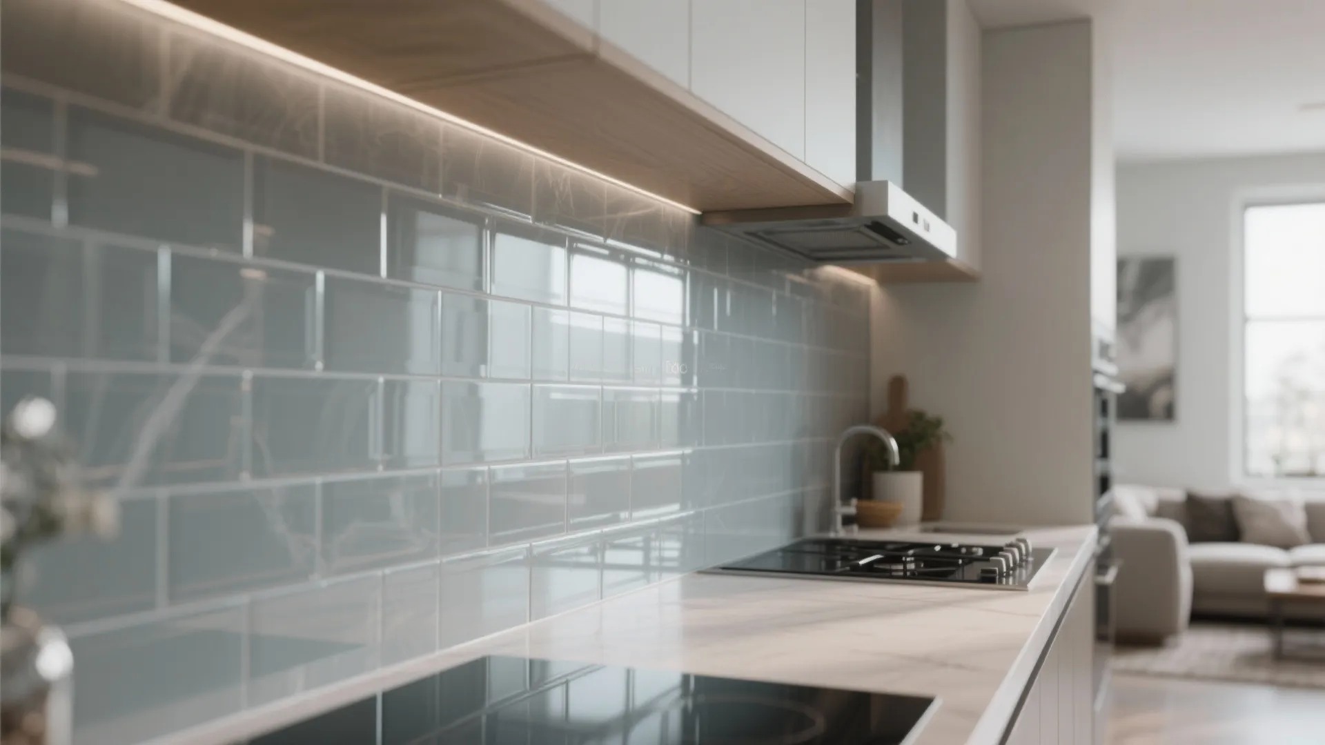 Modern kitchen with blue glass tile wall light countertop gas stove sink and oven blurred background