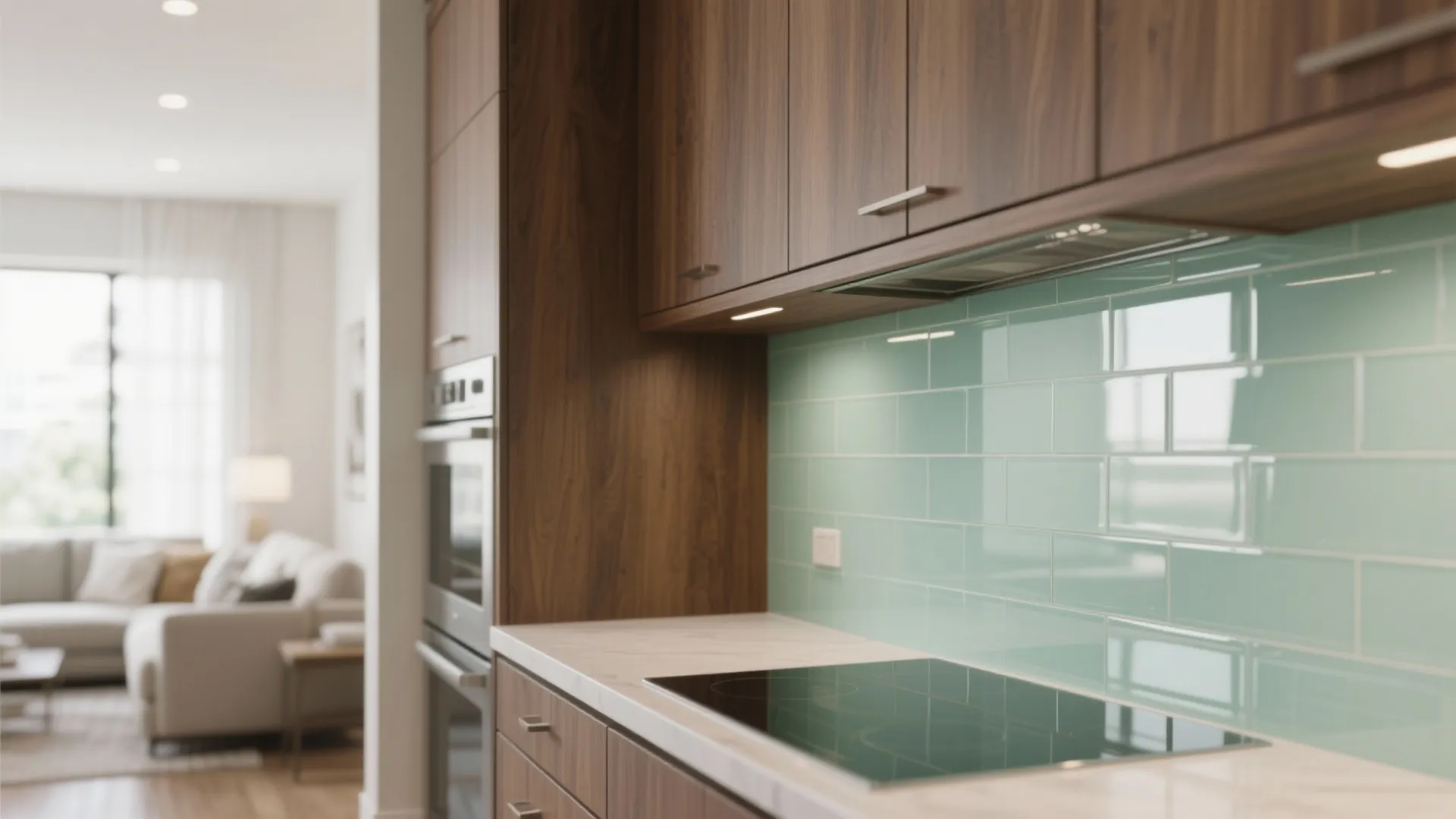 Modern kitchen with wood cabinets green glass tile backsplash electric stove and living room background