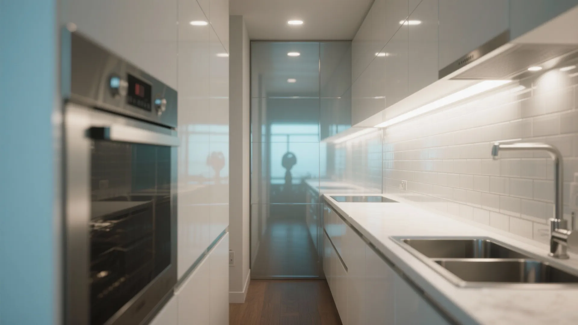 Modern white kitchen with glass backsplash plus built-in oven and stainless steel sink with faucet