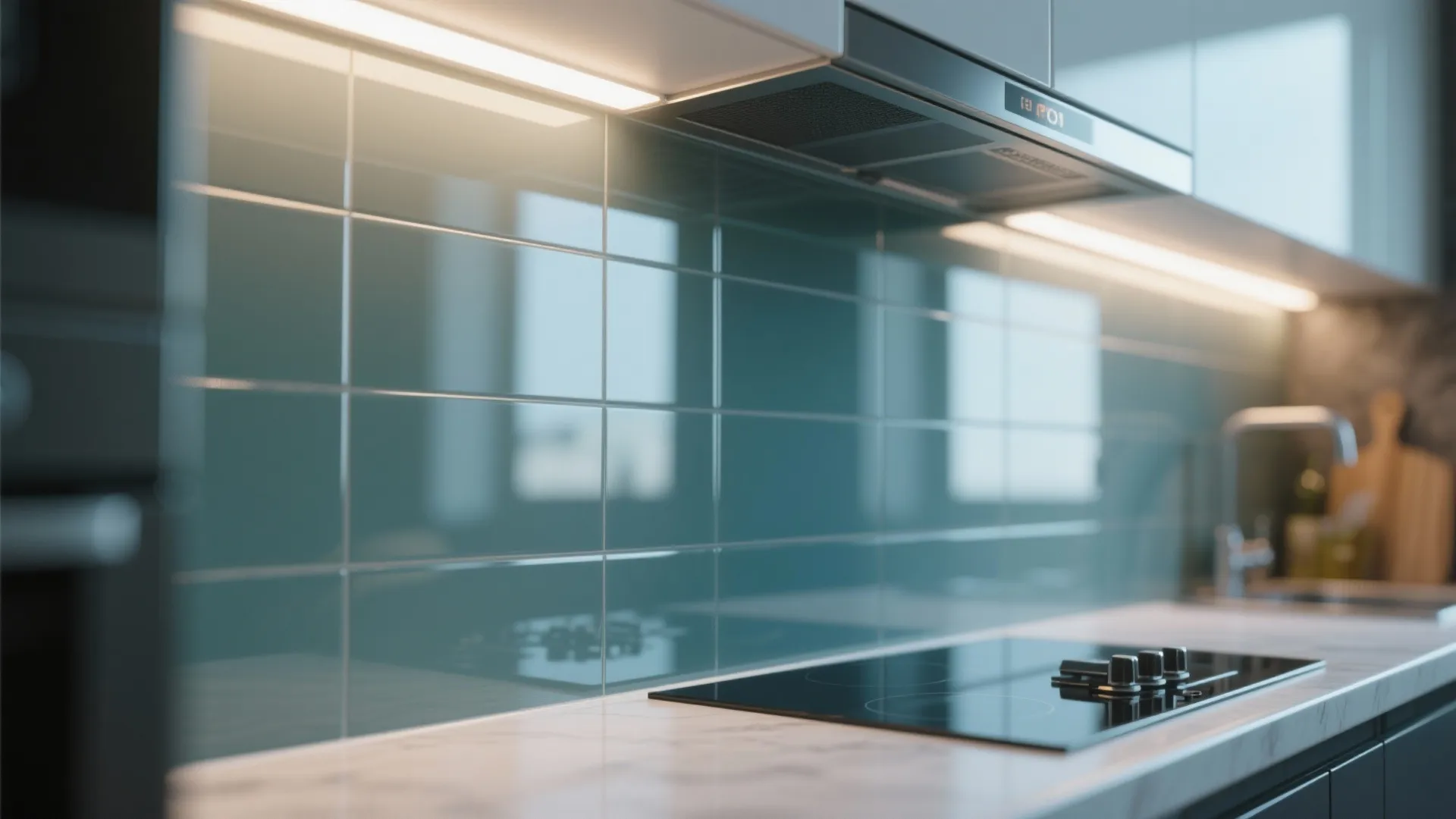 Modern kitchen with green glass wall tiles above a white marble counter and black stove