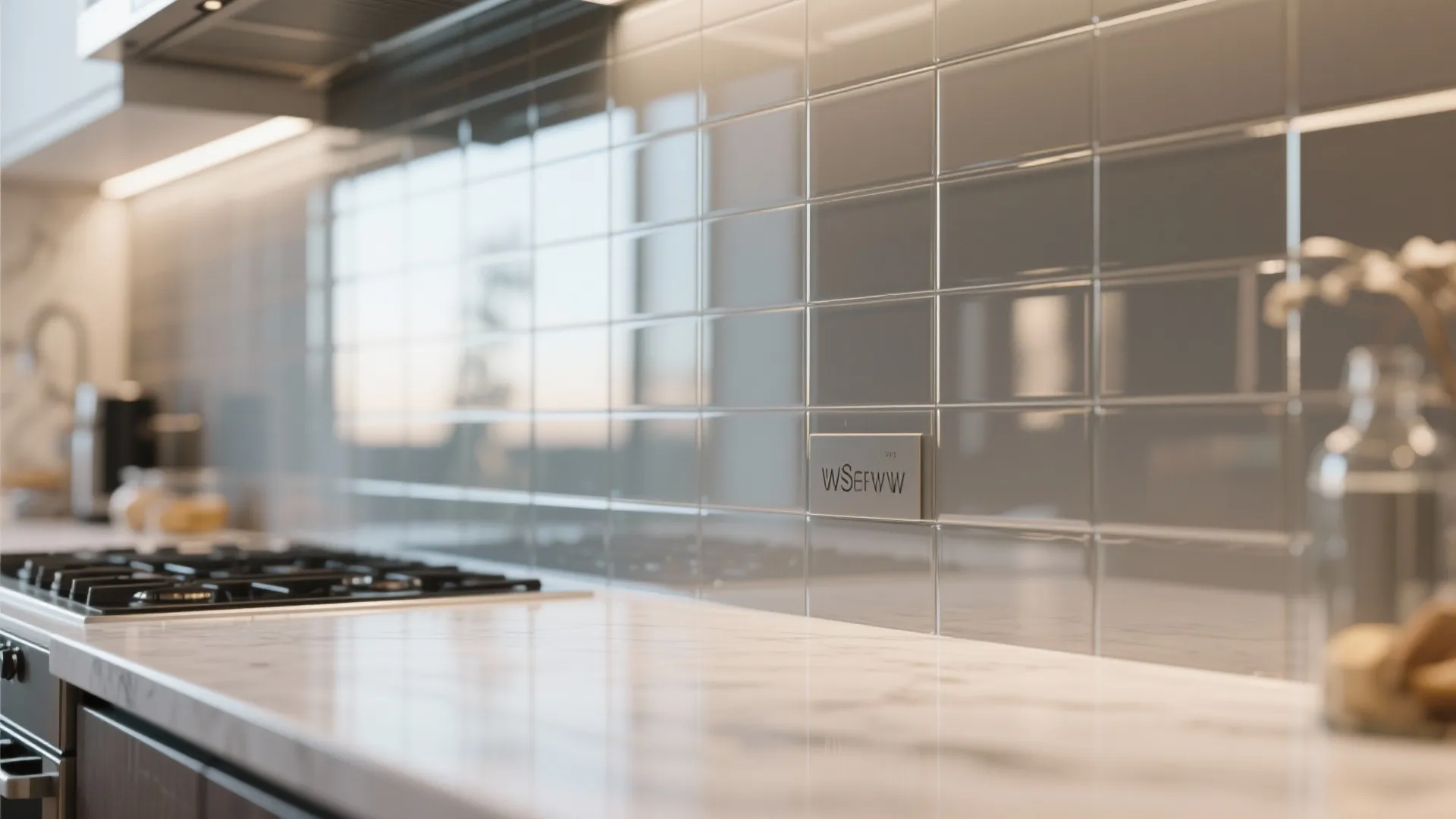 Close up of glossy grey wall tiles behind a white marble countertop and gas stove