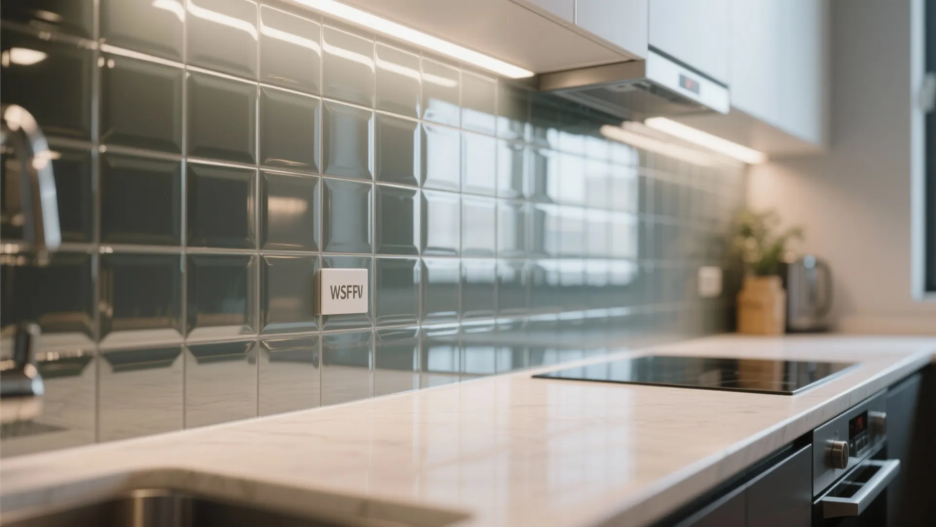 Modern kitchen with grey tile wall light marble countertop electric stove and built in oven