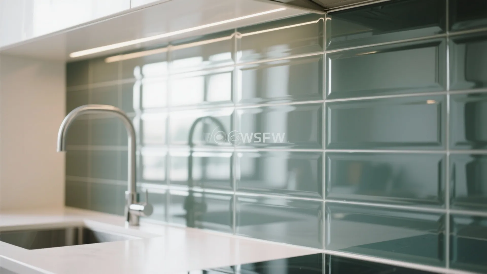 Green shiny wall tiles behind a silver faucet and sink with a clean white stone counter