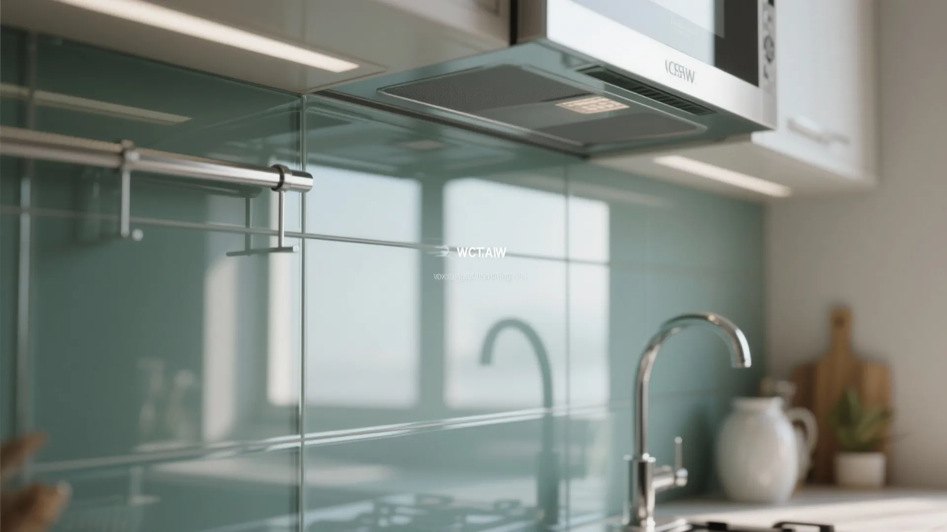 Close up of light blue glass wall panel behind kitchen sink with silver water faucet