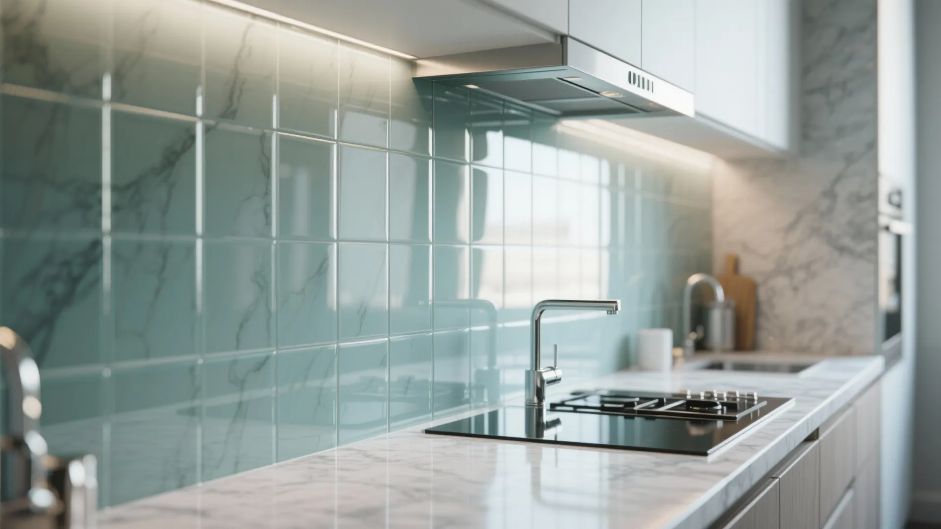 Modern kitchen with green tile wall white marble countertop black stove and silver faucet design