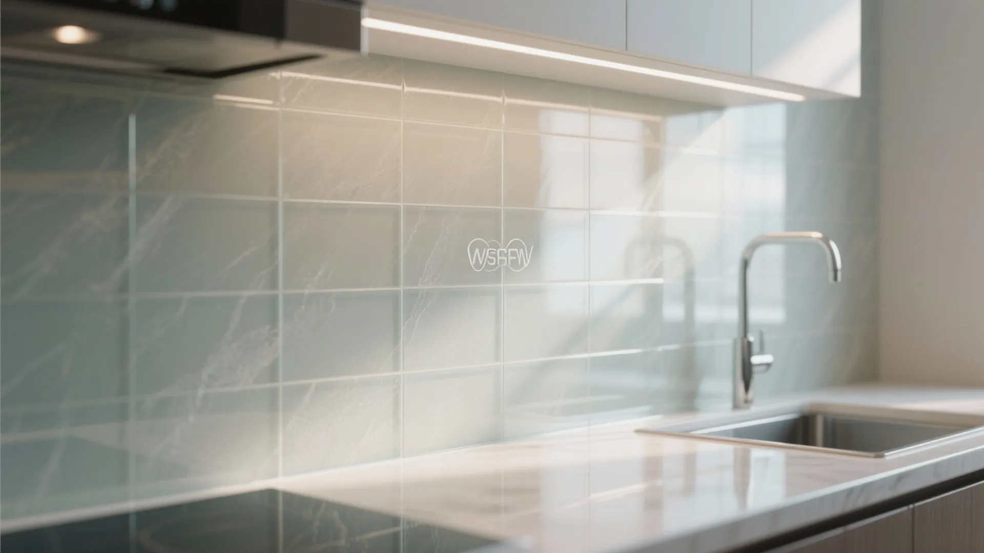 Modern kitchen with glossy light blue wall tiles white countertop silver faucet and under cabinet